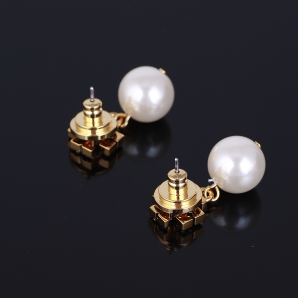 Tory Burch Crystal Pearl Logo Drop Earrings - Picture 3 of 3